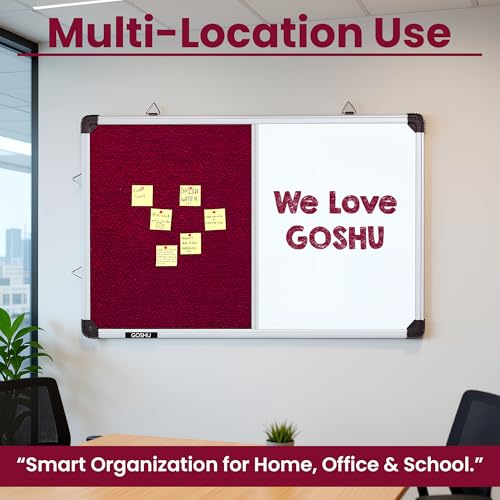 Image of GOSHU Combination 60 cm x41 cm Non Magnetic White Board with Maroon Pin-up Notice Board Includes 1 Duster, 1 Marker and 50 Push up pins for Home, Office & School (Maroon, 60x41 cm, Pack of 4 Items)