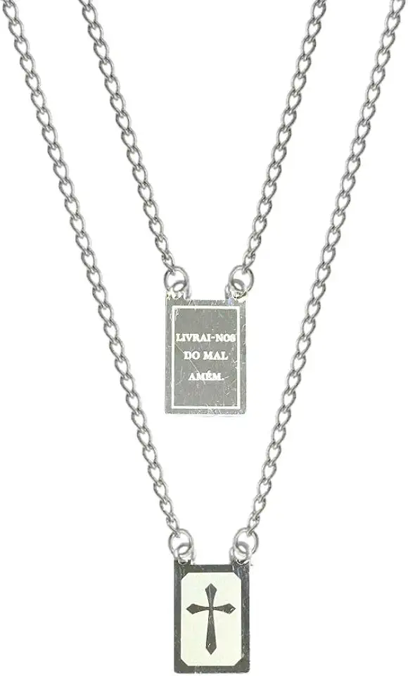Escapulário Prateado Livrai-nos do Mal Amém com Cruz em Aço Inox 316 Para Presente Colar Corrente Cordão Masculio e Feminino