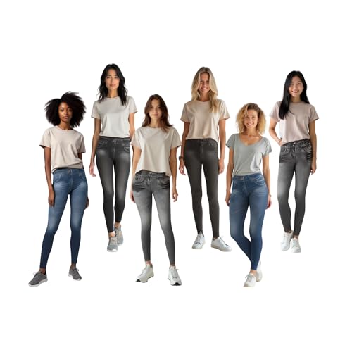 ShopINess Lot de 6 Jeggings Femme Effet Jean Leggings Élastiques et Gainants sans Couture Pantalons Confortables 2 Bleu, 2 Noir, 2 Gris (L-XL)