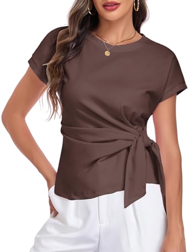 Image of HOTIAN Womens Cap Sleeve T Shirts 2026 Tie Waist Wrap Tops Crew Neck Blouses Dressy Casual Loose Work Business Dressy