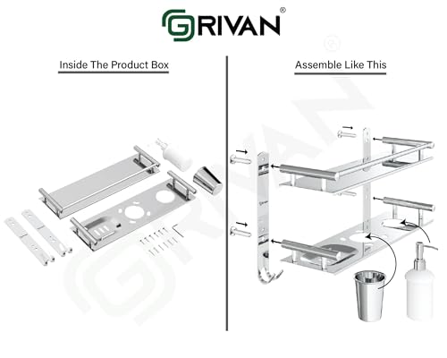 Image of GRIVAN Stainless Steel 6-in-1 Bathroom 2-Tier Shelf Rack with Soap Dish, Toothbrush Holder, Tumbler & Liquid Soap Dispenser (Silver Chrome, 16x10 Inch)