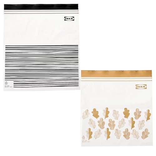 Ikea ISTAD - Bolsas de alimentos reutilizables medianas con doble sellado, 1,2 y 2,5 litros, rayas negras/hojas amarillas, juego de 100 bolsas