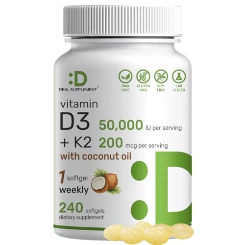 DEAL SUPPLEMENT Vitamin D3 50,000 IU + K2 MK7 200mcg Softgels, 240 Count | 2-in-1 Complex with Virgin Coconut Oil | Supports Heart, Bone, Teeth & Immune Health | Easy to Swallow