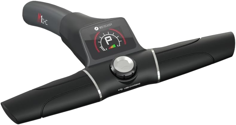 Close-up of Motocaddy M1 DHC handle with LCD screen and controls