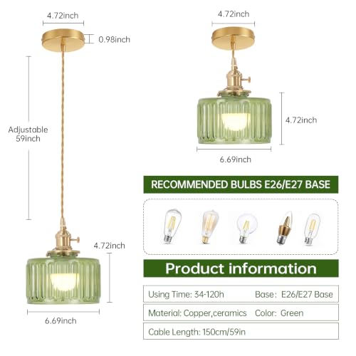 Image of Shenmoyl Battery Operated Pendant Light 5000mAh Rechargeable Chandelier with Remote Control Wireless Adjustable Hanging Green Striped Light for Kitchen Island Dining Room Hallway, 2 Pack