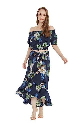Matchable Women's Hawaiian Print Smock Top and Wrap Ruffle Skirt in Pineapple Garden Navy