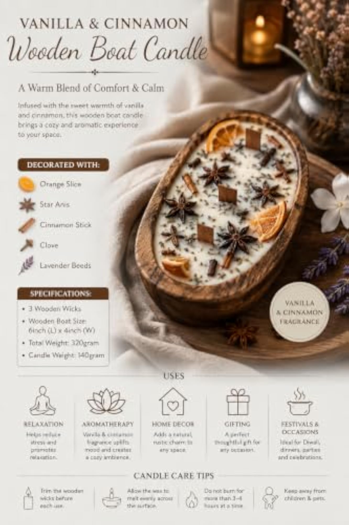Wooden Dough Bowl Vanilla Scented Candle, 6inch by 4inch