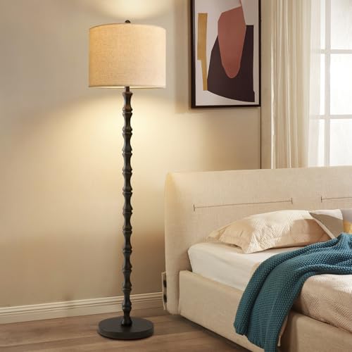 Image of Wood Floor Lamps for Living Room Rattan Floor Lamp with Remote Control& 3 Color Temperature,Dimmable Rustic Floor Lamp Black Mid Century Modern Standing Lamp Tall Farmhouse Floor Lamp For Bedroom