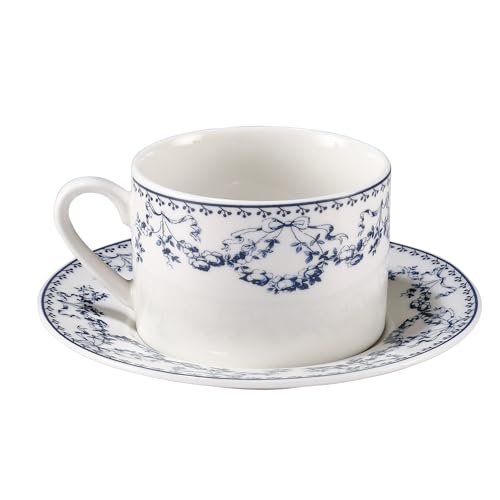 fanquare Euro Style Ensembles Tasses et Soucoupes en Porcelaine 230ml Motif Nœud Papillon et Fleurs Bleue,Tasse à Thé avec Soucoupe pour Petit-Déjeuner Bureau et Maison