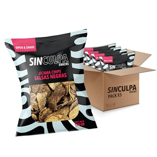 SIN CULPA Snacks Saludables | Chips de Jicama Horneada Sabor | Botanas Saludables y Crujiente | Keto, Vegano, Si Gluten | 5 Pack de 120g | Papas Deshidratadas | Sabor Salsas Negras