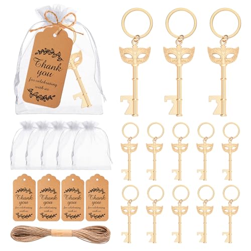 50Pcs Mask Design Keycahin Bottle Openers Beautiful Centerpieces for Tables for Masquerade Mask Party Wedding Favors Bridal Shower Party Baby Shower Gifts with Thank You Tags and Bags