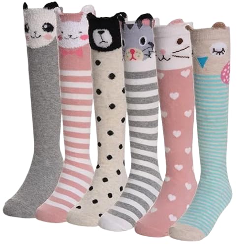 DXTON Girls Knee High Socks 6 Pairs: Kids Crazy Long Socks 3-12 years, Tall Boot Cute Animal Cotton Fun Gift