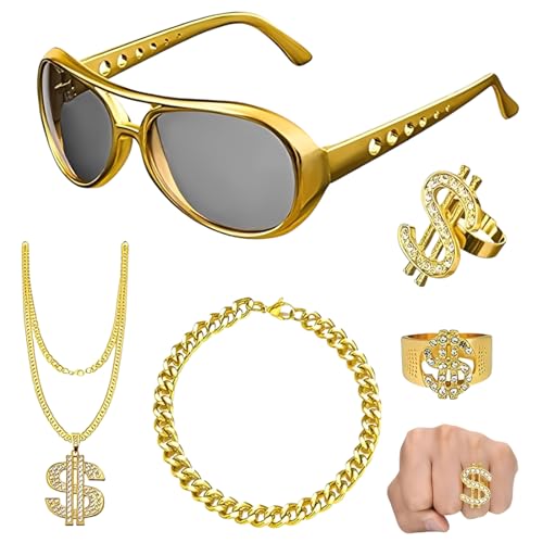 THQAE 5 peças kit de disfarces de hip-hop, estilo 80-90, corrente falsa de ouro, colar e anel de dólar, óculos, decoração dos anos 80 e 90 para todas as idades