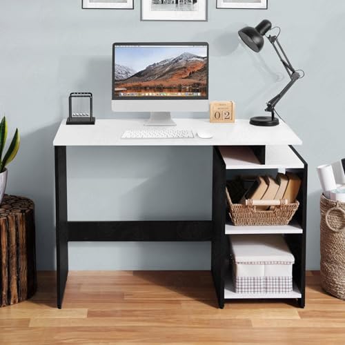 Image of ABOUT SPACE Study Table with 2 Tier Bottom Storage - Office Desk - WFH /Office Computer Table for Laptop, Home PC- Engineering Wood Working, Drawing (Black Mahogany & White-L 100 x B 50 x H 75 cm)