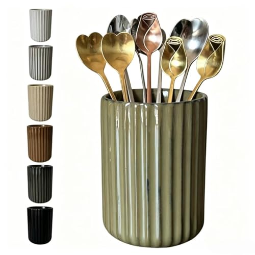 TOPYOKK Stoneware Coffee Bar Utensil Holder Tea & Coffee Spoon & Stirrer Holder for Stir Stick Straw Teaspoon Holder Espresso Spoon Cup Small Utensil Jar Fluted Vertical Stripe (Retro Green)