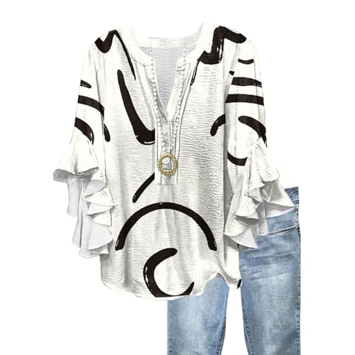 Oferta Flash Camiseta Oversize Mujer Camisa Lino de Flores Volantes Blanco Manga 3/4 Volante Camisetas Deportivas Ropa de Verano Cuello V Verano Fiesta Blusones Mujer Tallas Grandes Blanco M