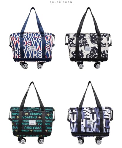 Travel Tote Bags with Trolley Sleeve Expandable Extra Waterproof Oxford Duffel Bag with Wheels Lightweight Traveling Foldable Suitcase (Black Letters, 45 x 24 x 75 cm)2