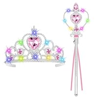 AUYAO Set Corona Principessa Luminoso, 2PZ Costume Accessori da Principessa Bambina con Corona e Bacchetta, Costume Accessori Set Luminoso per ragazze per Carnival Halloween Festa Cosplay(Rosa)
