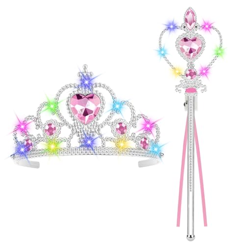 AUYAO Princesse Dress Up Accessoires Bijoux de Princesse Couronne, 2 Pièces Accessoires de Princesse Elsa avec LED Lumineux Couronne et Baguette Magique pour...