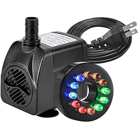 15W 264GPH Submersible Fountain Pump with 12 Colorful LED Lights for Fountain,Outdoor Pond, Aquarium fish tanks, Water Feature, Statuary Gardens and Hydroponic Cover