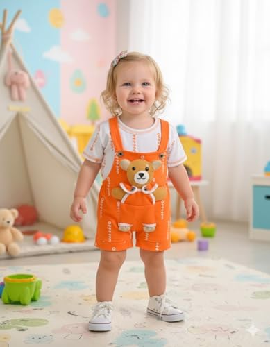 Image of A.T.U.N. (ALL THINGS UBER NICE) Baby Girls Cotton Denim Dungaree Set with 3D Teddy Bear Design |Printed T-Shirt with Adjustable Straps | Stylish & Comfortable Daily Outfit for Baby Unisex