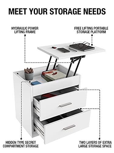 Yourlite Upgrade Nightstand With Lifting Top, Bedside Desk Height Adjustable Laptop Table With 2 Drawer Storage Cabinet Removable End Table For Bedroom, Home (White) #TOP2