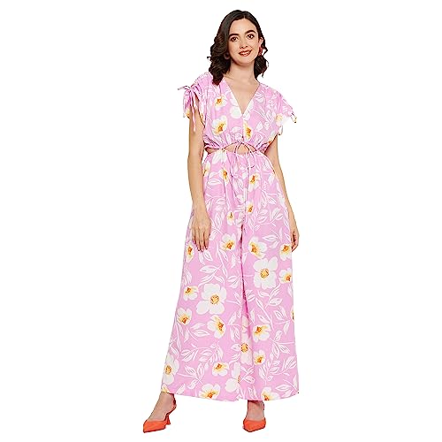 Image of Fashfun Women's Pink Floral Printed Crepe Jumpsuit with Waist Drawstring & Ruched Shoulder
