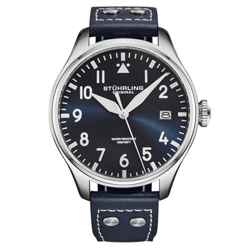Stuhrling Original Airman 4078   Reloj piloto para hombre, caja de acero de 43 mm, esfera de rayos solares, manecillas luminosas, ventana de fecha, cuarzo, cristal mineral, correa de cuero, resistente