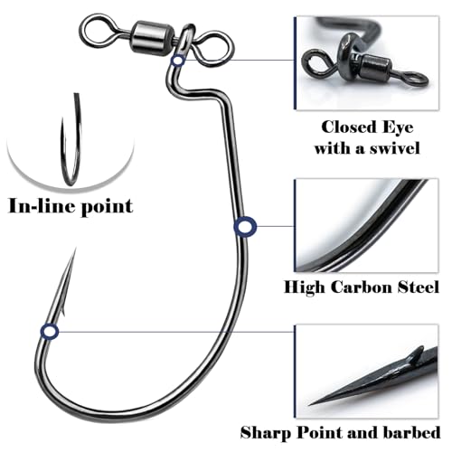 FishTrip Spin Shot Hooks for Drop Shot Rigs, 20pcs EWG Hook for Bass Fishing with Swivel Saltwater Freshwater Size 1/0 - Thumbnail 2