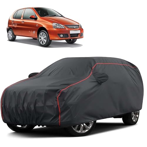 Image of Sulfar 100% Water Resistant Car Body Cover Compatible with Mirror for Tata Indica eV2 (Triple Stitched, Full Bottom Elastic, Dark Grey Taffeta with Red Piping)