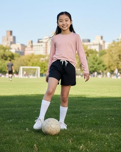 Image of Real Essentials 4 Pack: Girls' Dry-Fit Long Sleeve Crew Neck T-Shirt - Athletic Activewear Soccer Top for Teens Kids Youth