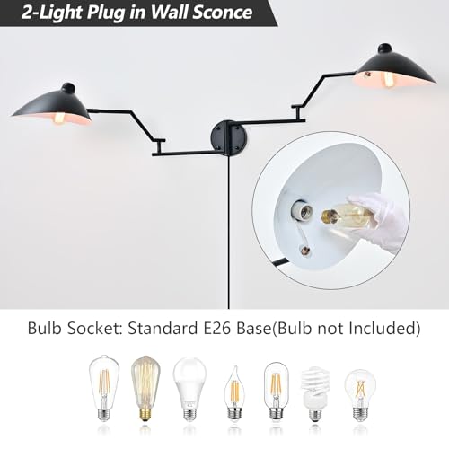 Image of Modern Black 2-Light Plug in Swing Arm Wall Sconce, 1 Pack