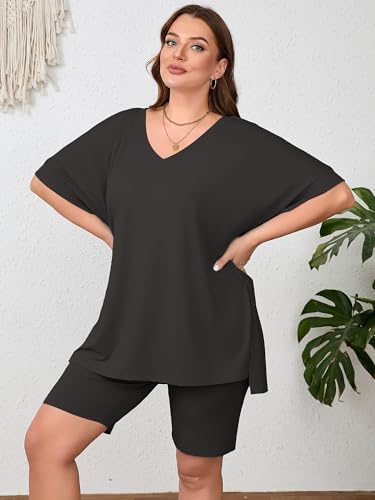 Image of AusLook Women's Plus Size 2 Piece Short Outfits Set Short Sleeve Tops and Shorts Pants Lounge Jogging outfits Matching Set