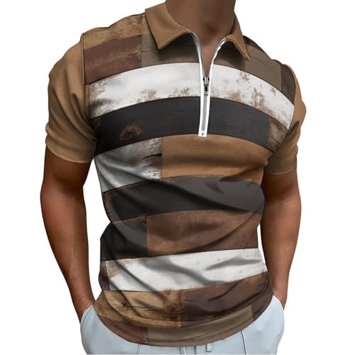 Polo manches courtes homme stretch slim fit marron à col zippé pour golf outdoor