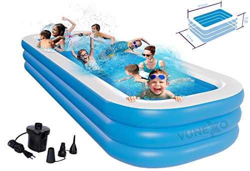 Image of 10 Feet Rectangular Inflatable Pool with Electric Pump Family Full-Sized Swimming Bathtub for Kids Outdoor Garden Summer Party (Blue)