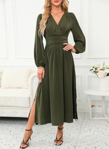 Dokotoo Womens Wrap V-Neck Empire Waist Dress Lantern Sleeve Ruched Side Slit Elegant Maxi Dress3