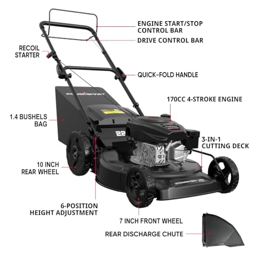 Image of PowerSmart 22-Inch 170cc 3-in-1 Self Propelled Gas Lawn Mower with Cover, Black