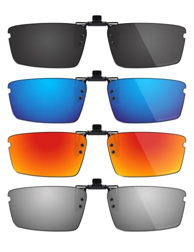Fiskr Polarized Clip-On Sunglasses Flip Up Anti-Glare UV Protection Glasses for Oakley Top Spinner 4B OX3136 53mm - Compact Fit - Classic Black & Metallic Silver & Ice Blue & Fire Red
