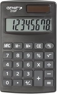 Genie Calculatrice 215 Chiffres P8 - Double Alimentation (Solaire et Pile) - Design Compact - Gris