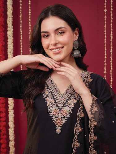 Image of INDO ERA Women's Black Silk Blend Embroidered Mirror Work Kurta & Pant with Dupatta Set (IEDDAI484)