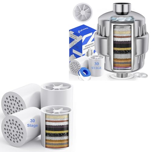 30 Stage High Output Shower Filter (Includes 2 Filter Cartridges) + 4 Pack Replacement Cartridges Set, Removes Chlorine and Fluoride, Vitamin C Shower Filter
