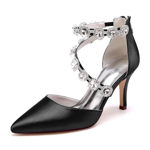 Women's Closed Pointed Toe High Heels Rhinestones Satin Wedding Stilettos Crystal Pump Shoes Heeled Sandals