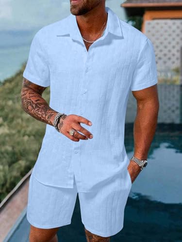 Image of GRECIILOOKS Men'S Summer Casual Two Piece Outfit, Textured Button Down Shirt and Shorts Set, Lightweight Poly Blend Co-Ord for Beach, Travel & Lounge Wear