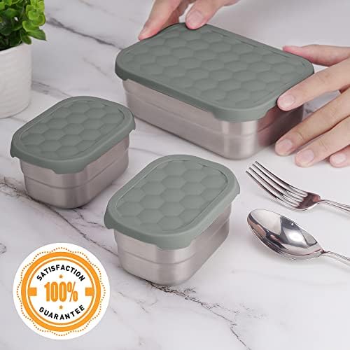 3 CUP+1 CUP Stainless Steel Lunch Snack Containers Set | Leak Proof 304 Stainless Steel Food Containers with Silicone Lids - Perfect Metal Lunch Box for School and Daycare (25oz+8oz*2) - Thumbnail 4
