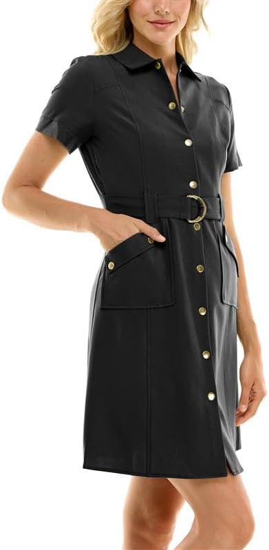 Sharagano Womens Button-up Shirt Dress with Belt and Angled Front Pockets - Image 2