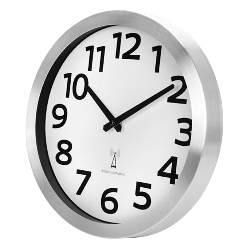 Crosstime Wanduhr Funk mit Aluminium Rahmen Große Zahlen,Funkuhr Wand Lautlos Geräuschlos für Küche Wohnzimmer Schlafzimmer Badezimmer Büro,30 cm Silber/Weiß