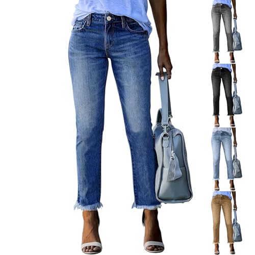 Straight Leg Jeans for Women High Waist Slim Fit Boyfriend Denim Pants Retro Raw Hem Wash Stretch Jeans with Pockets