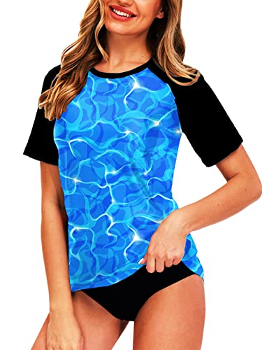Women's Short Sleeve Rash Guard Uv Protection Colorblock Sun Shirt Workout Top Swimming Shirt Blue Wave M #TOP1