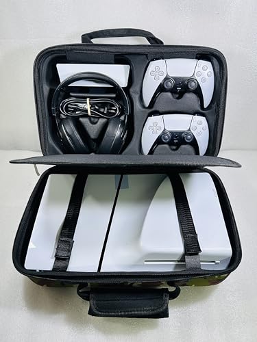 Image of PSS Storage Bag for PS5 Slim, Hard Travel Carrying Case Compatible for PS5 Slim, Waterproof Shoulder Bag with Both Side Compartments Travel Accessories for PS5 Slim Disk / Digital (Camo)