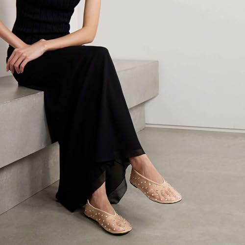 MICIFA Mesh Ballet Flats for Women Crystal Rhinestone Flat Shoes Round Toe Sparkly Ballerina Shoes Low Heel Glitter Casual Wedding Dress Mary Jane Flats Apricot3